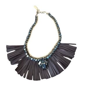 Rada VTG Designer Navy Blue Fringe Necklace Crystal Accents Silver Tone Italy